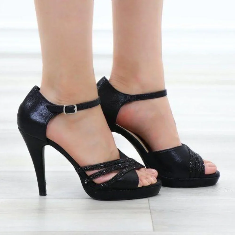Shimmery Black Satin Platform Heeled Stiletto Sandal - Picture 9 of 11
